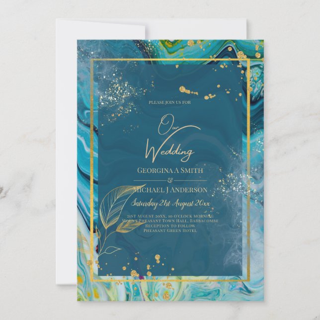Peacock Blue Gold INK Abstract Wedding  Invitation (Front)