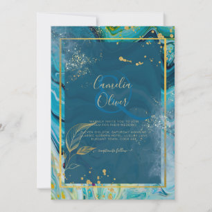 Peacock Blue Gold INK Abstract Wedding Invitation