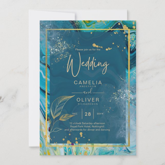Peacock Blue Gold INK Abstract Wedding  Invitation (Front)