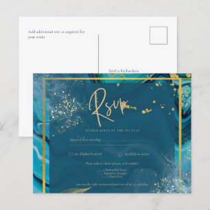 Peacock Blue Gold INK Abstract Wedding Postcard