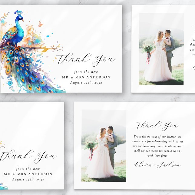 Peacock Blue Gold Photo Wedding Thank You Card (Creator Uploaded)