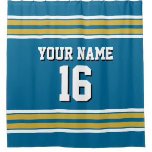 Peacock Blue Gold White Stripes Sports Jersey Shower Curtain