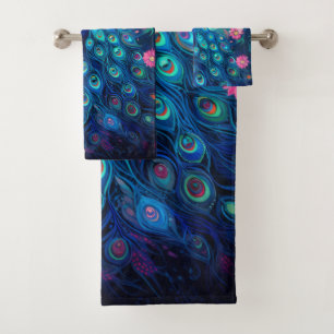 Peacock - Blue Green Aqua Feathers & Pink Flowers Bath Towel Set