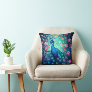 Peacock - Blue Green Aqua Feathers & Pink Flowers Cushion