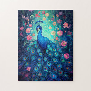 Peacock - Blue Green Aqua Feathers & Pink Flowers Jigsaw Puzzle