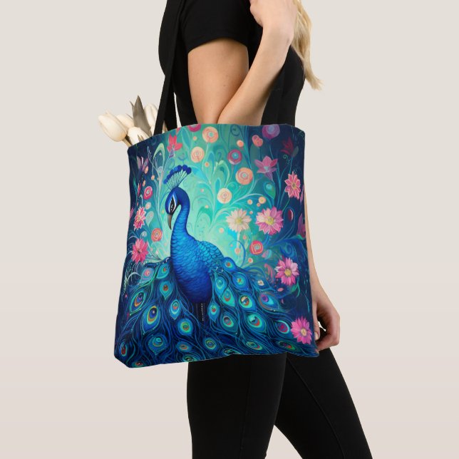 Peacock - Blue Green Aqua Feathers & Pink Flowers Tote Bag (Close Up)