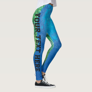 Peacock Blue Green Feather Art Custom add Text Leggings