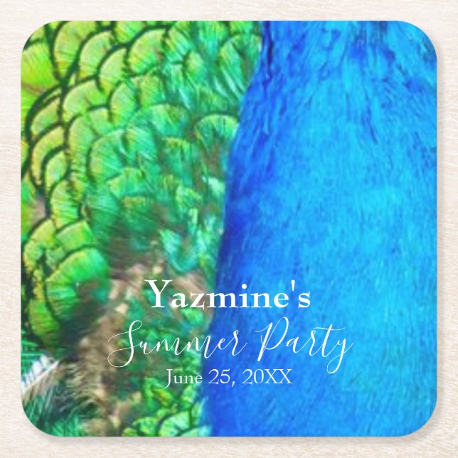Peacock Blue Green Feather Texture Summer Vibes Square Paper Coaster (Front)