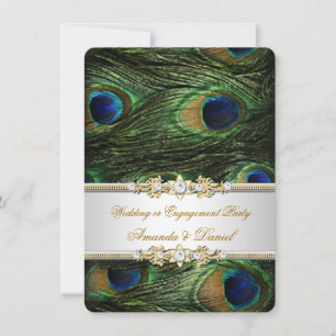 Peacock Blue Green Gold Wedding or Engagement Invitation