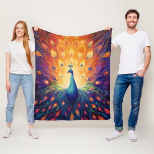 Peacock - Blue Green Pink Orange Yellow Feathers Fleece Blanket