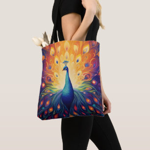 Peacock - Blue Green Pink Orange Yellow Feathers Tote Bag