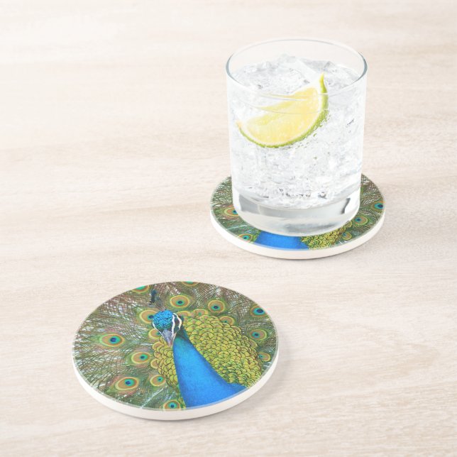 Peacock Blue Head with and Colourful Tail Feathers Coaster (Side)