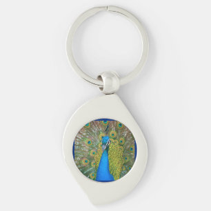 Peacock Blue Head with and Colourful Tail Feathers Key Ring