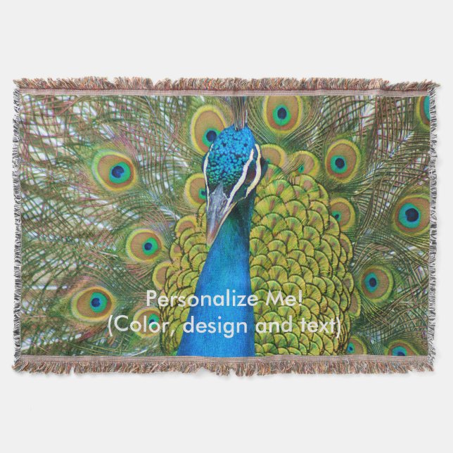 Peacock Blue Head with and Colourful Tail Feathers Throw Blanket (Front)