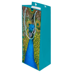 Peacock Blue Head with and Colourful Tail Feathers Wine Gift Bag