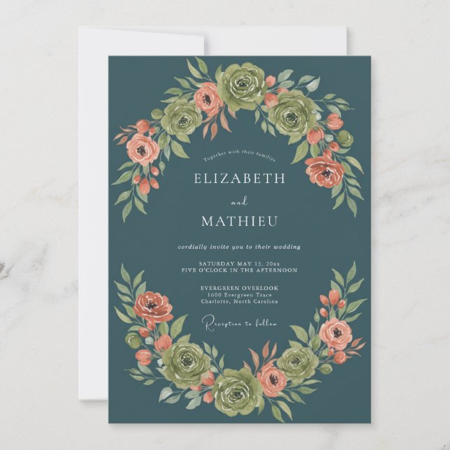 Peacock Blue Imperial Botanical Wedding Invitation (Front)