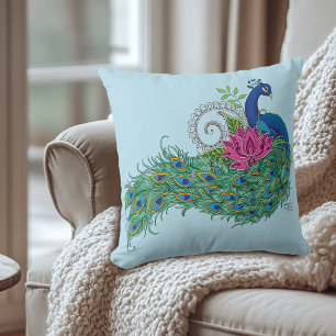 Peacock Blue Lotus Flower Henna Cushion