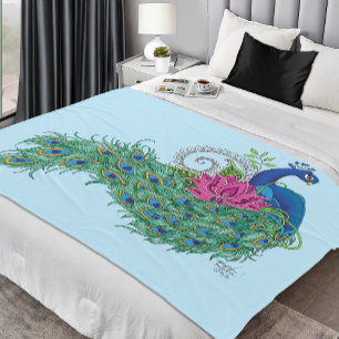 Peacock Blue Lotus Flower Henna Fleece Blanket