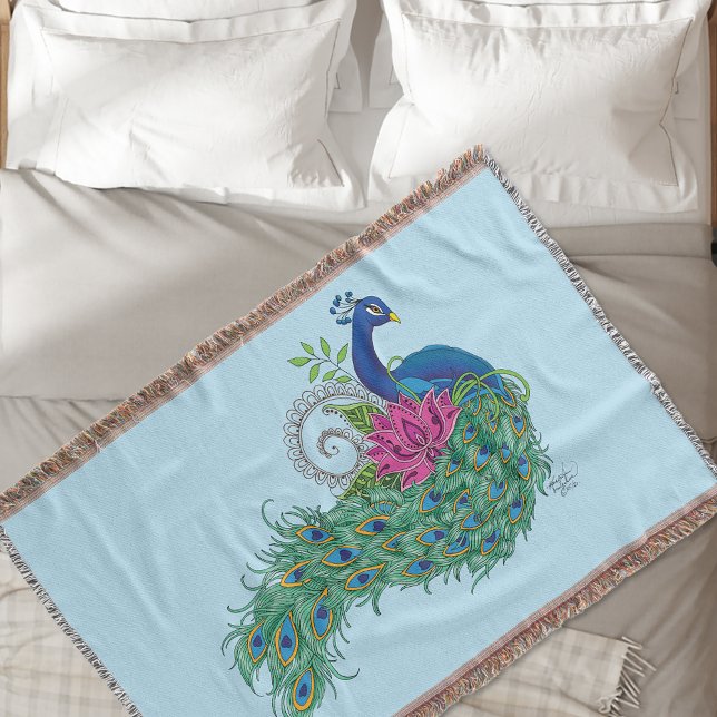 Peacock Blue Lotus Flower Henna Throw Blanket (Creator Uploaded)