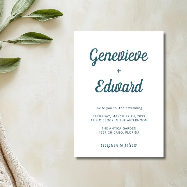 Peacock Blue Minimal Modern Calligraphy Wedding Invitation (Creator Uploaded)