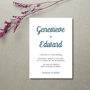 Peacock Blue Minimal Modern Calligraphy Wedding Invitation