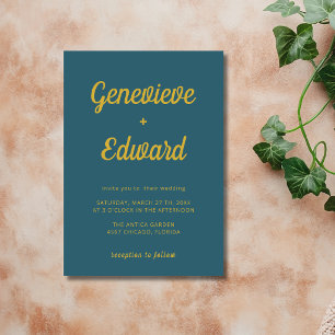 Peacock Blue Minimal Modern Calligraphy Wedding Invitation