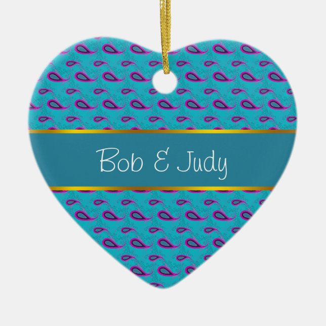 Peacock Blue Paisley Ceramic Ornament (Front)