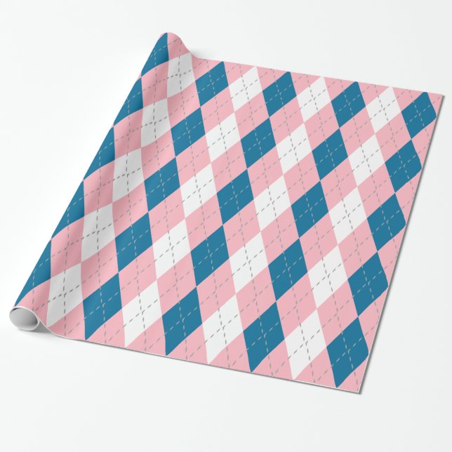 Peacock Blue Pink Dk Grey Wht XL Argyle Wrapping Paper (Unrolled)