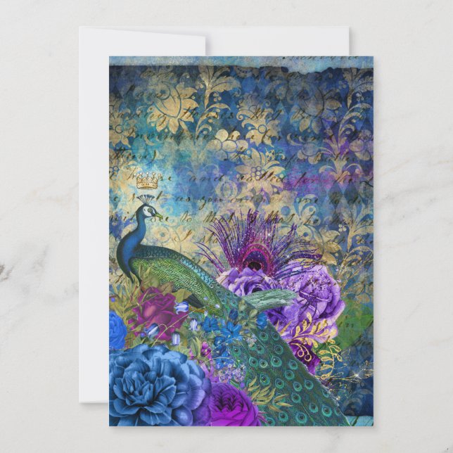 Peacock Blue Purple Abstract Gold Wedding  Invitation (Back)