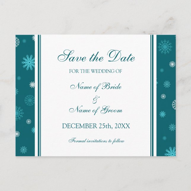 Peacock Blue Save the Date Winter Wedding Postcard (Front)