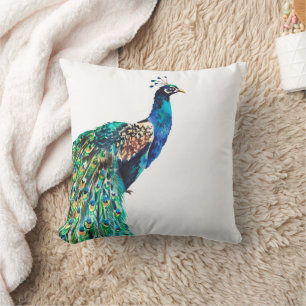 Peacock Blue Teal Bird White Cushion