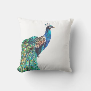 Peacock Blue Teal Bird White Cushion
