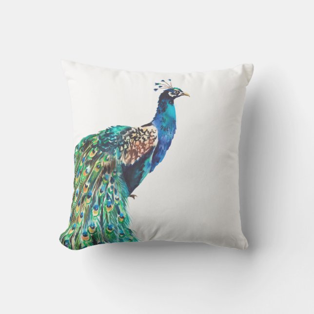 Peacock Blue Teal Bird White Cushion (Front)