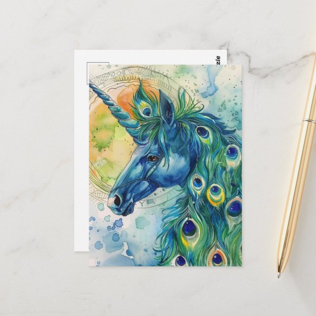 Peacock Blue Unicorn Postcard (Front/Back In Situ)