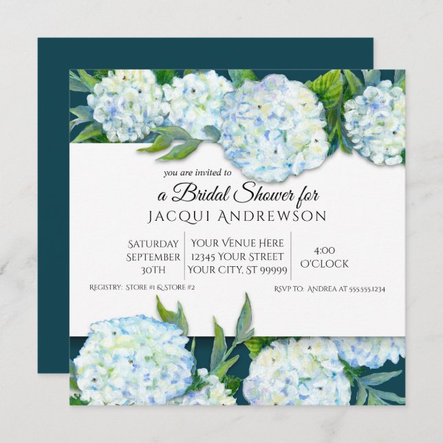 Peacock Blue White Hydrangeas Floral Bridal Shower Invitation (Front/Back)