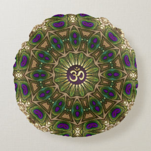 Peacock Bohemian Mandala OM Yoga Round Design #16 Round Cushion