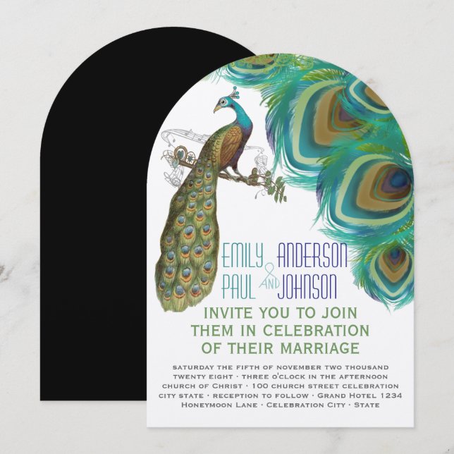 Peacock Boho Bohemian Feathers with Peacock Invitation (Front/Back)