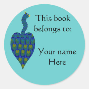 Peacock, Book Plate Classic Round Sticker