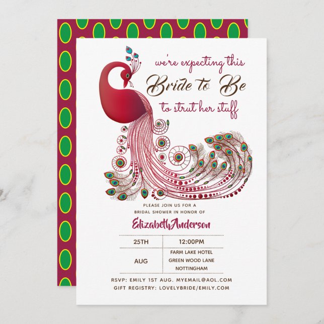 Peacock Bride 2 Be Struts Her Stuff Bridal Shower Invitation (Front/Back)