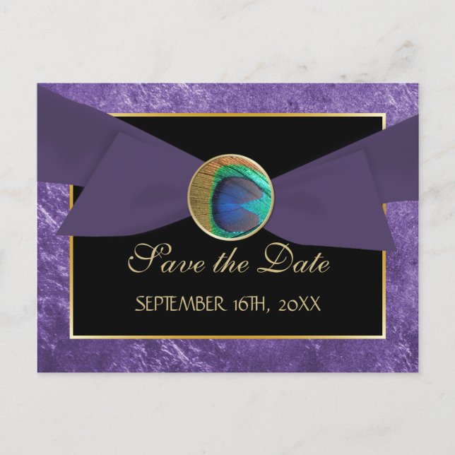 Peacock Button & Bow SAVE THE DATE Postcard-Blue Announcement Postcard (Front)