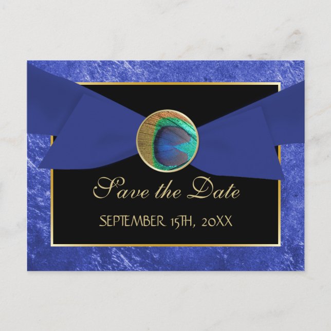 Peacock Button & Bow SAVE THE DATE Postcard-Blue Announcement Postcard (Front)