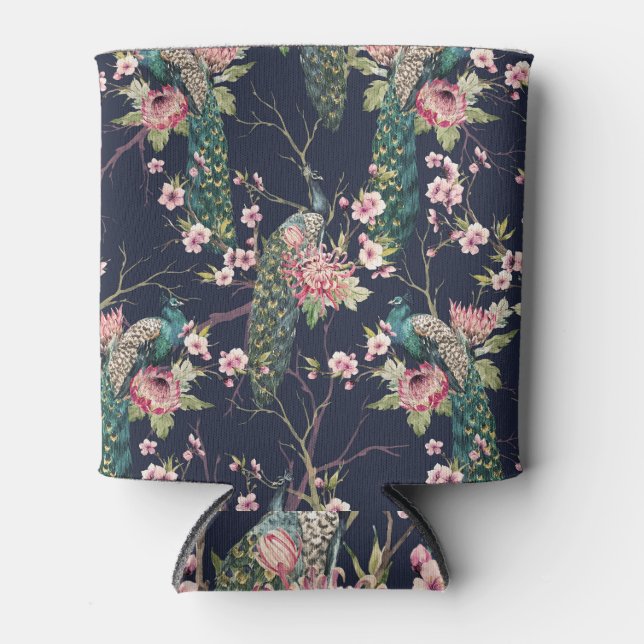 Peacock Cherry Tree, Watercolor Pattern. Can Cooler (Front)