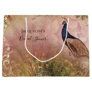 Peacock Chinoiserie Peony Floral Bridal Shower Large Gift Bag