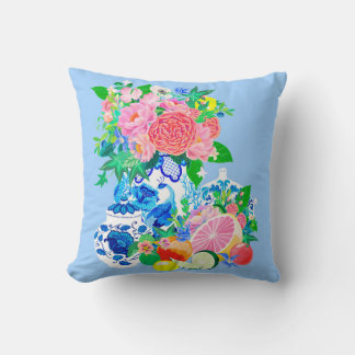 Peacock Chinoiserie vase with peonies and roses  T Cushion