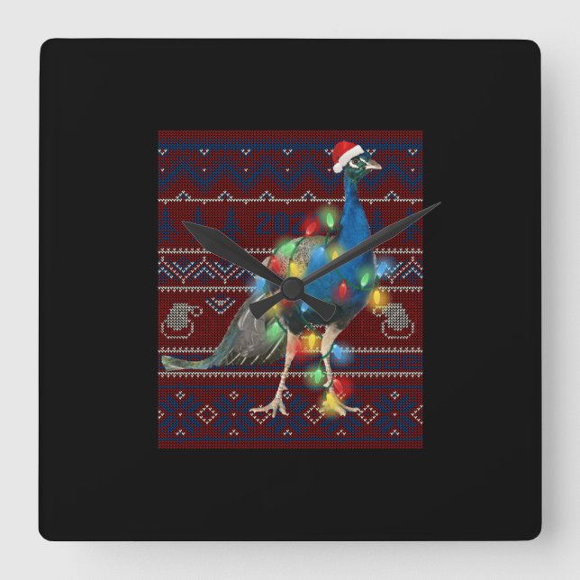 Peacock Christmas Lights Ugly Sweater Goat Lover Square Wall Clock (Front)