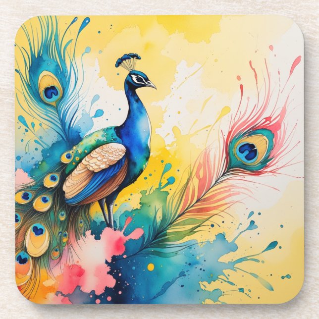 Peacock coloful design  coaster (Front)