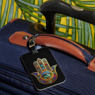 Peacock Color Flower Petals Hamsa Green Third Eye Luggage Tag