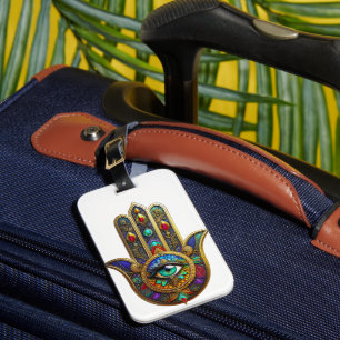 Peacock Color Flower Petals Hamsa Green Third Eye Luggage Tag