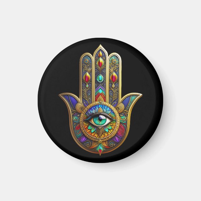 Peacock Color Flower Petals Hamsa Green Third Eye Magnet (Front)
