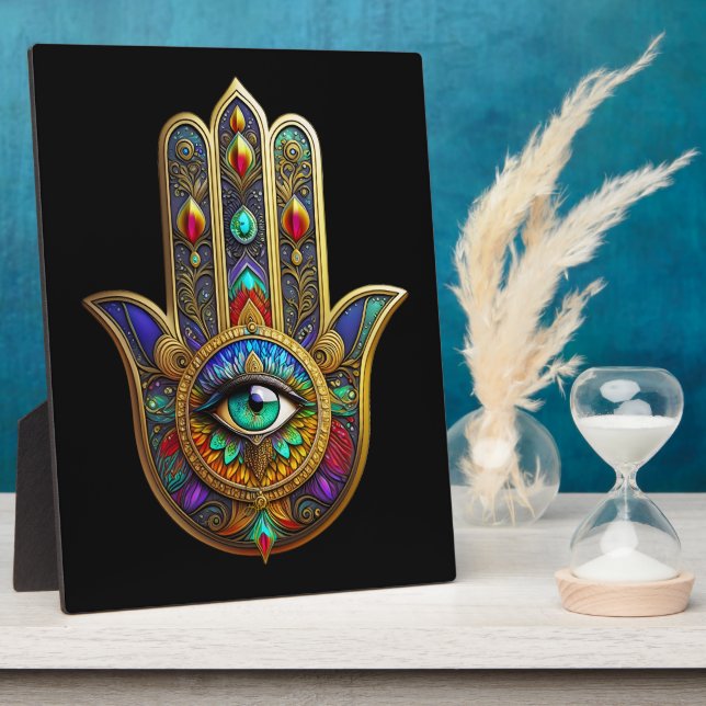 Peacock Color Flower Petals Hamsa Green Third Eye Plaque (Side)